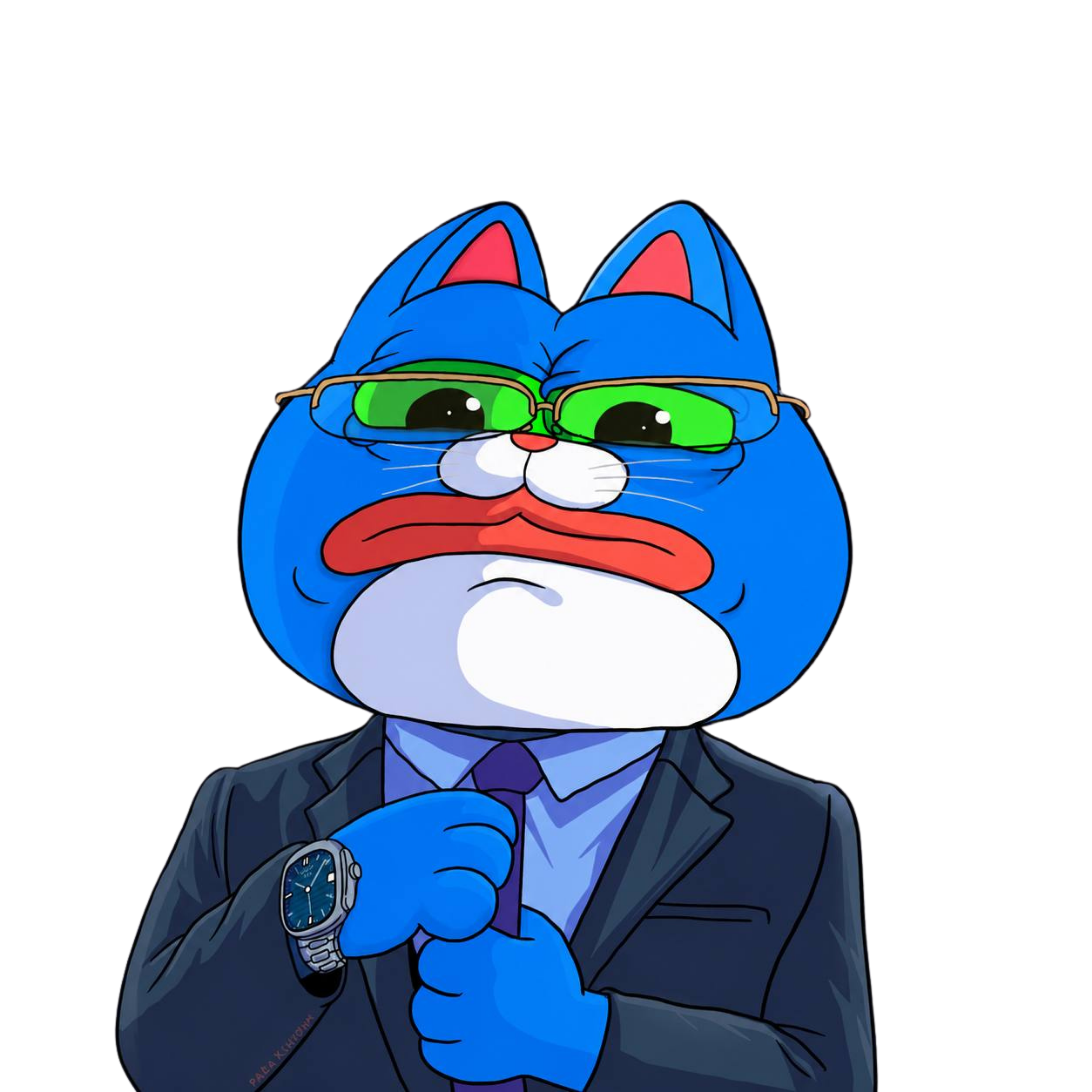 CHONK in a suit adjusting his tie and watch