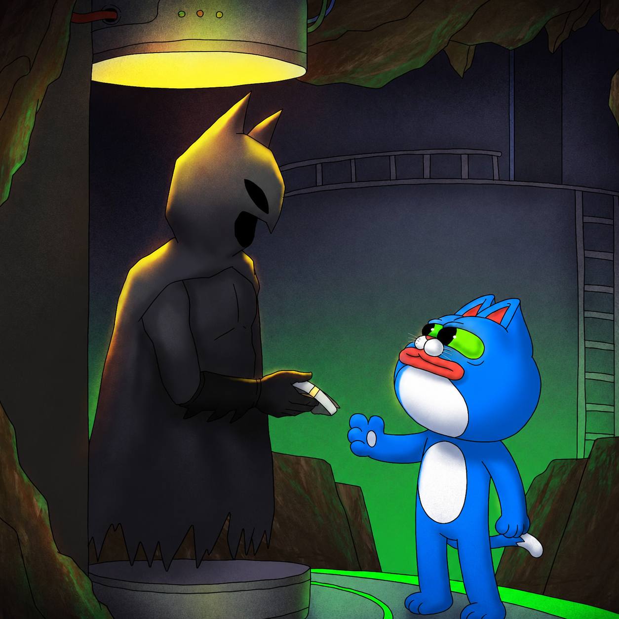 CHONK meeting a masked character in a dark cave
