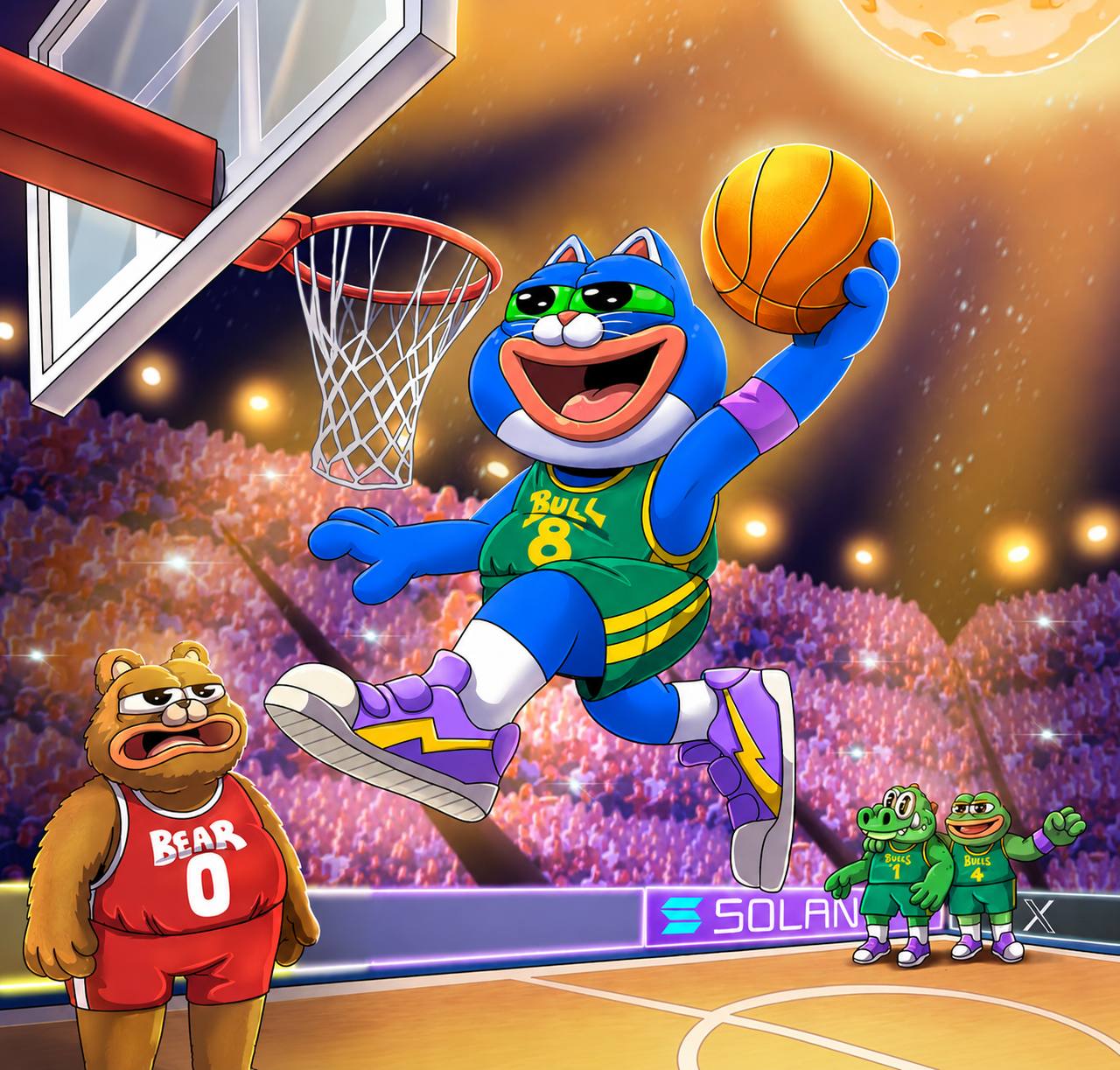 CHONK flying toward a basketball hoop on a Solana court