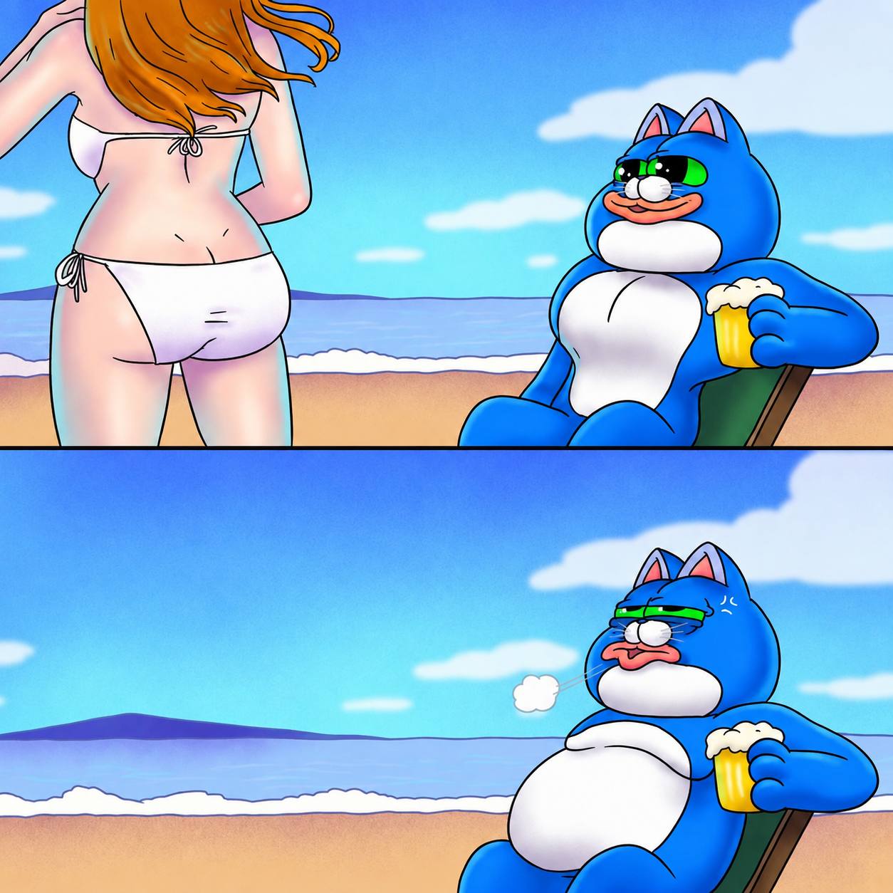 CHONK relaxing at the beach with a cold drink