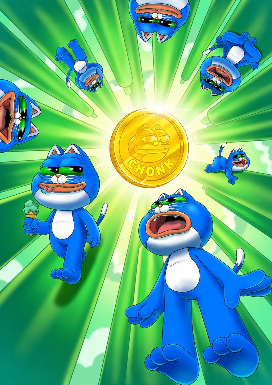 Many CHONKs orbiting a glowing golden CHONK coin