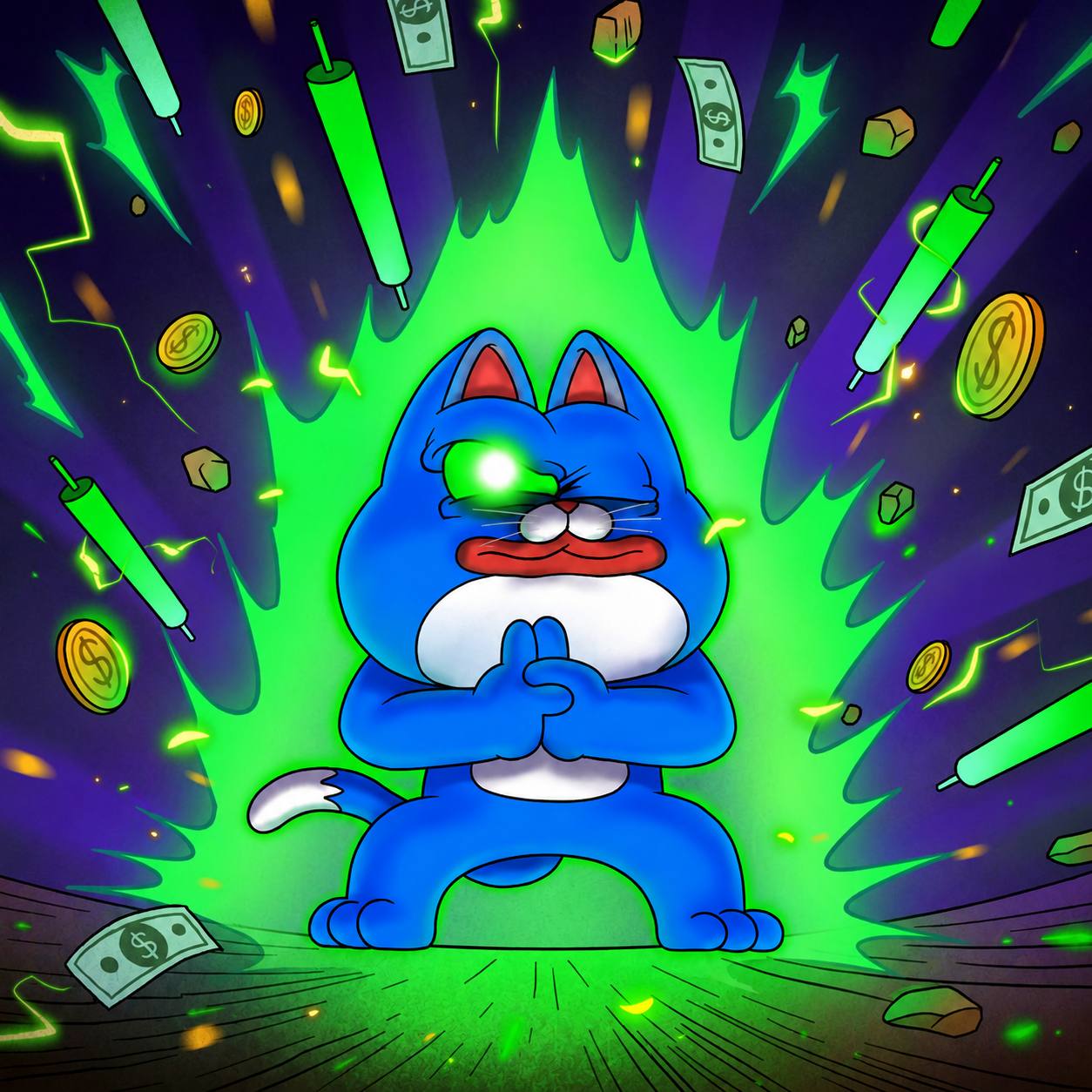 CHONK surrounded by green market energy and flying coins