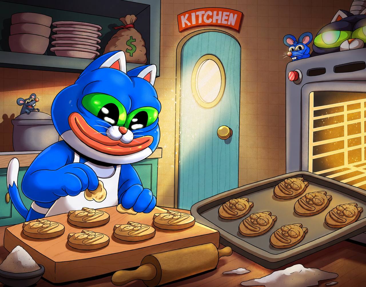 CHONK baking golden cookies in a busy kitchen