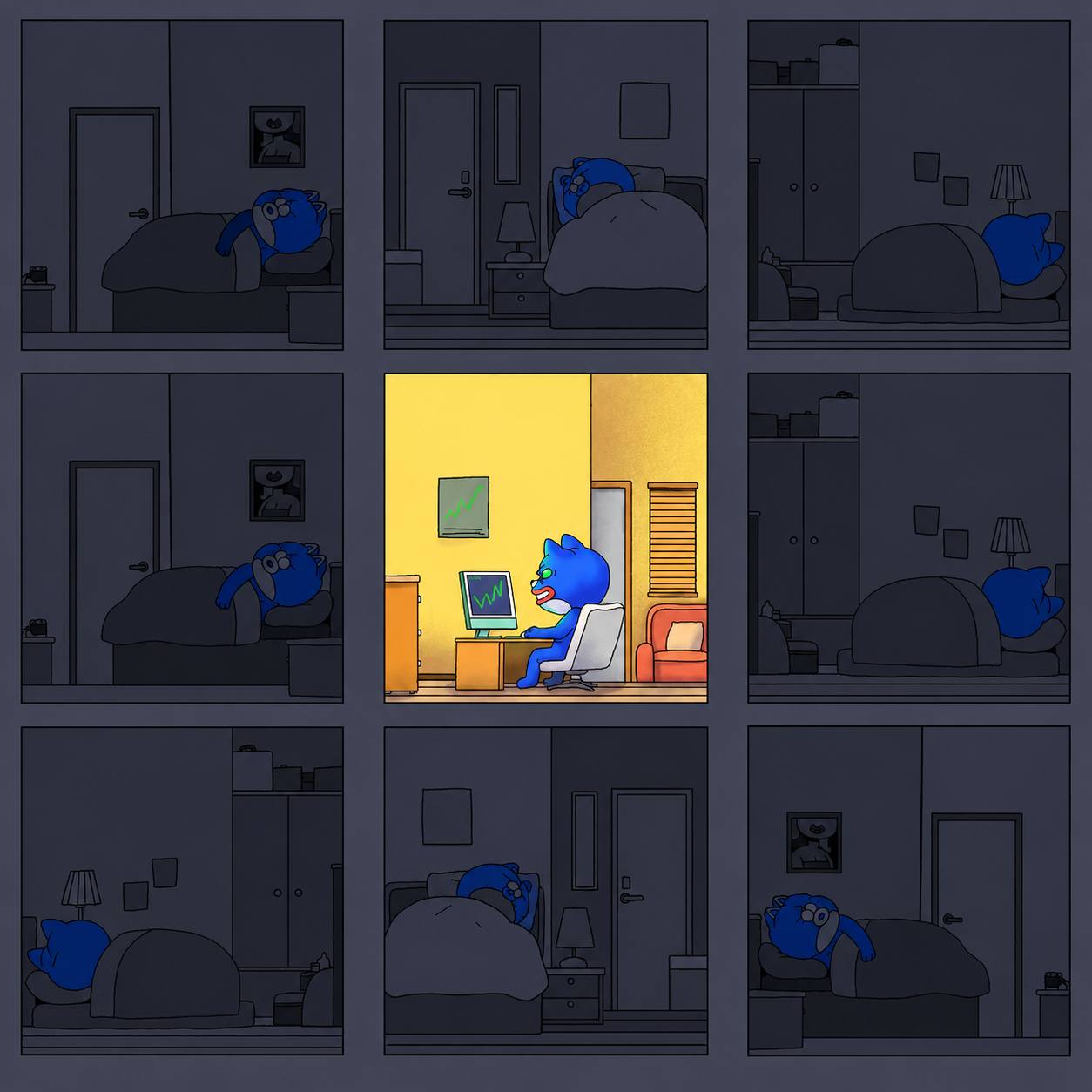 CHONK waking up across a grid of dark rooms to check a chart