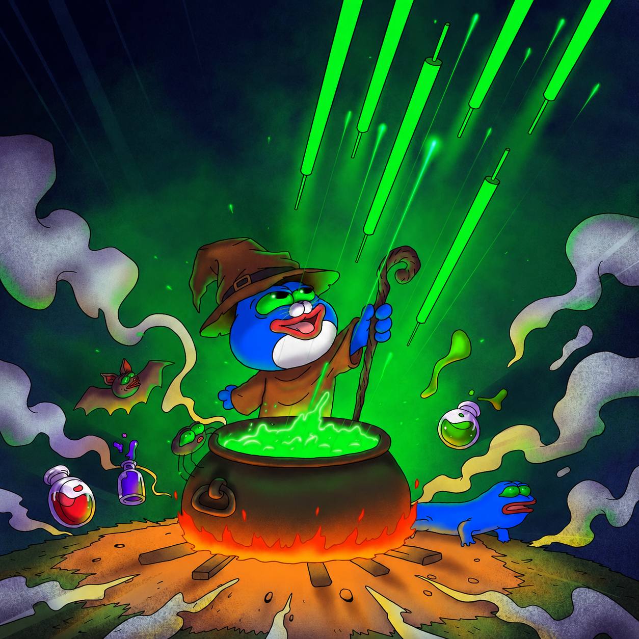 Wizard CHONK brewing a glowing green market potion