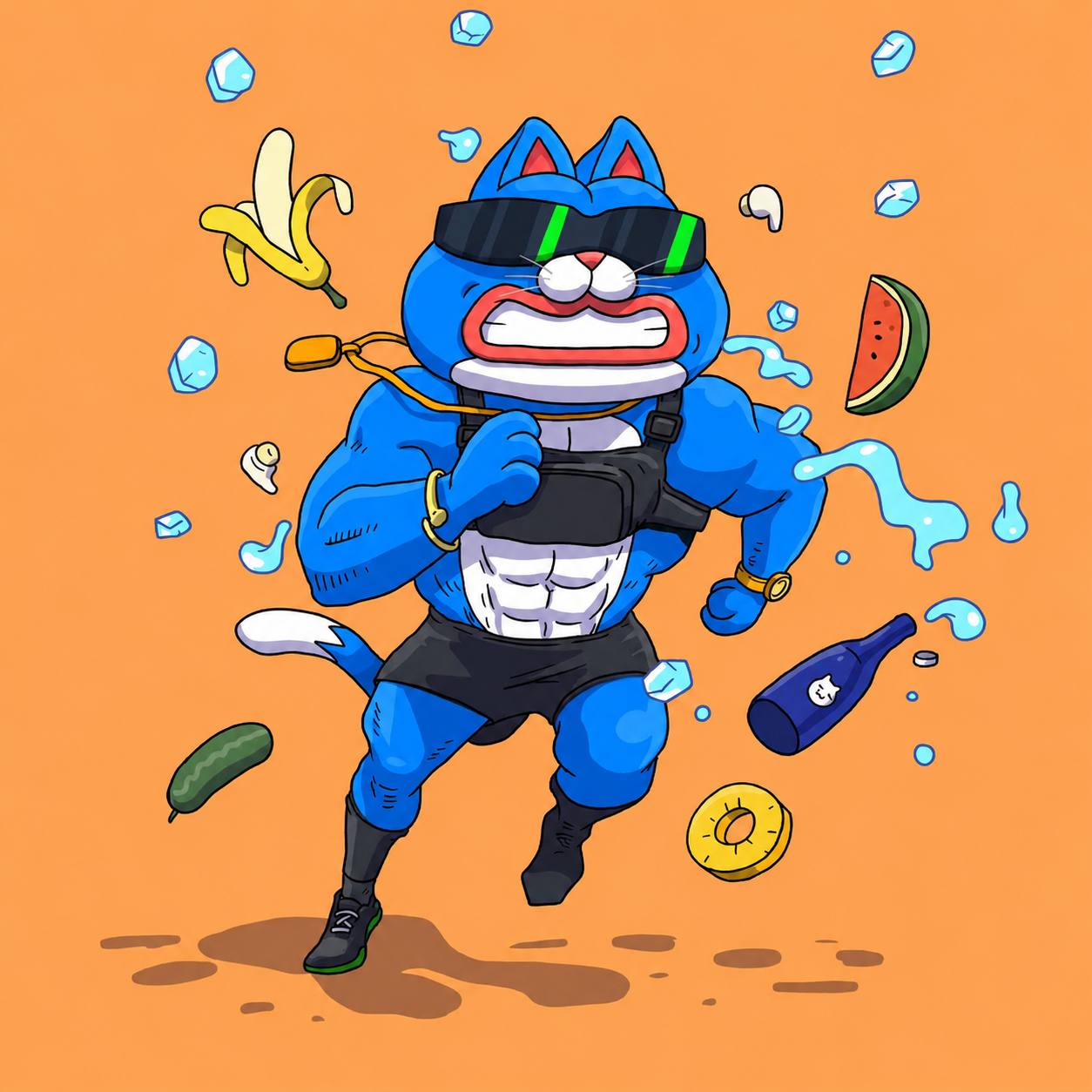Muscular CHONK running through flying snacks and ice cubes