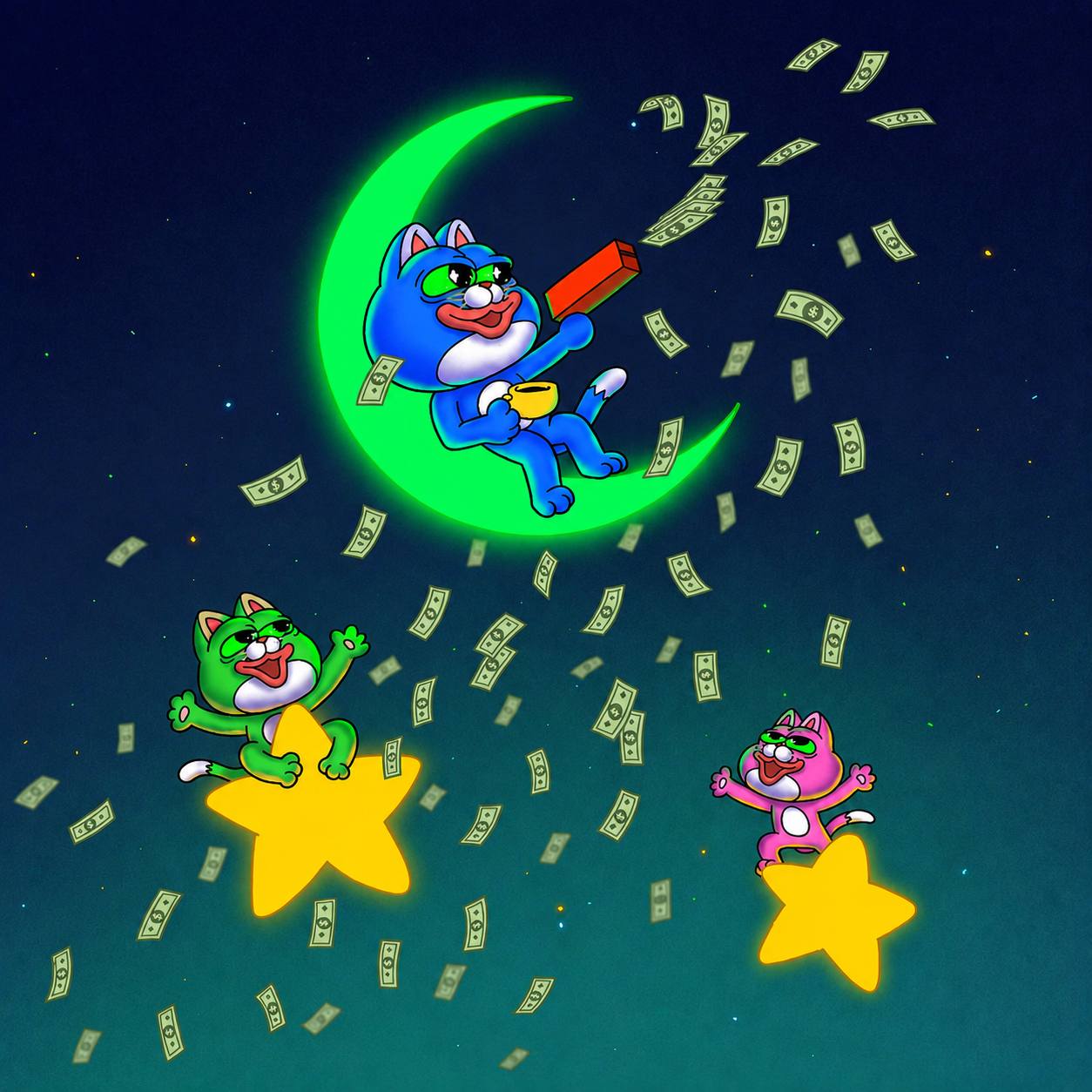 Blue, green and pink CHONKs riding through a sky filled with money