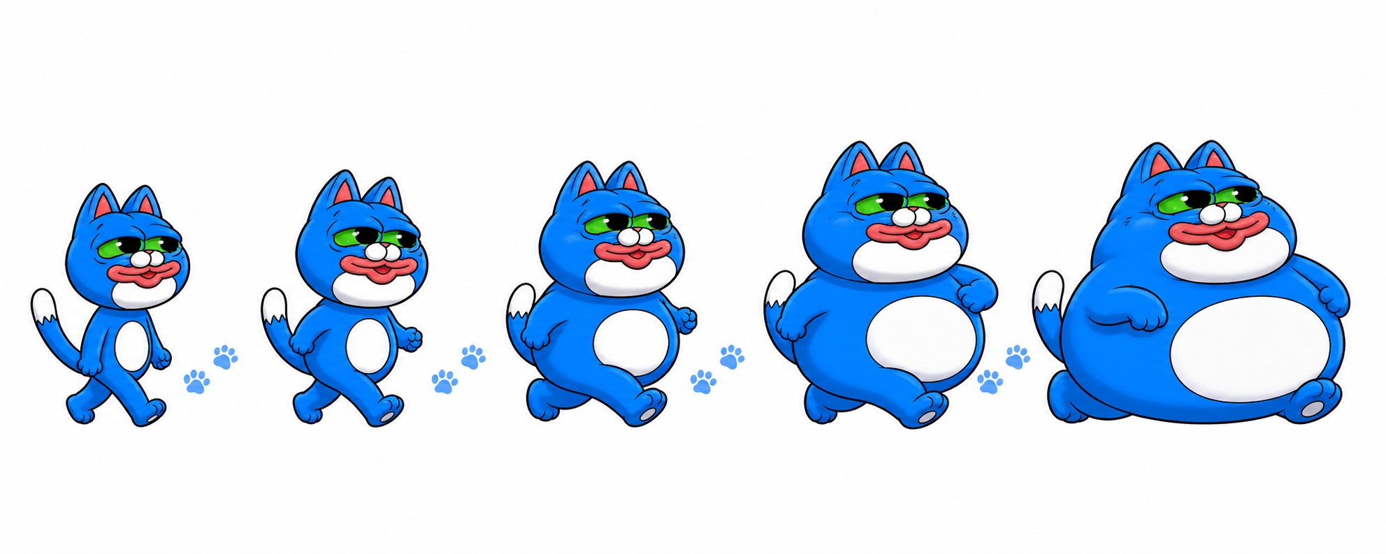 Five CHONK characters walking from left to right and becoming progressively wider