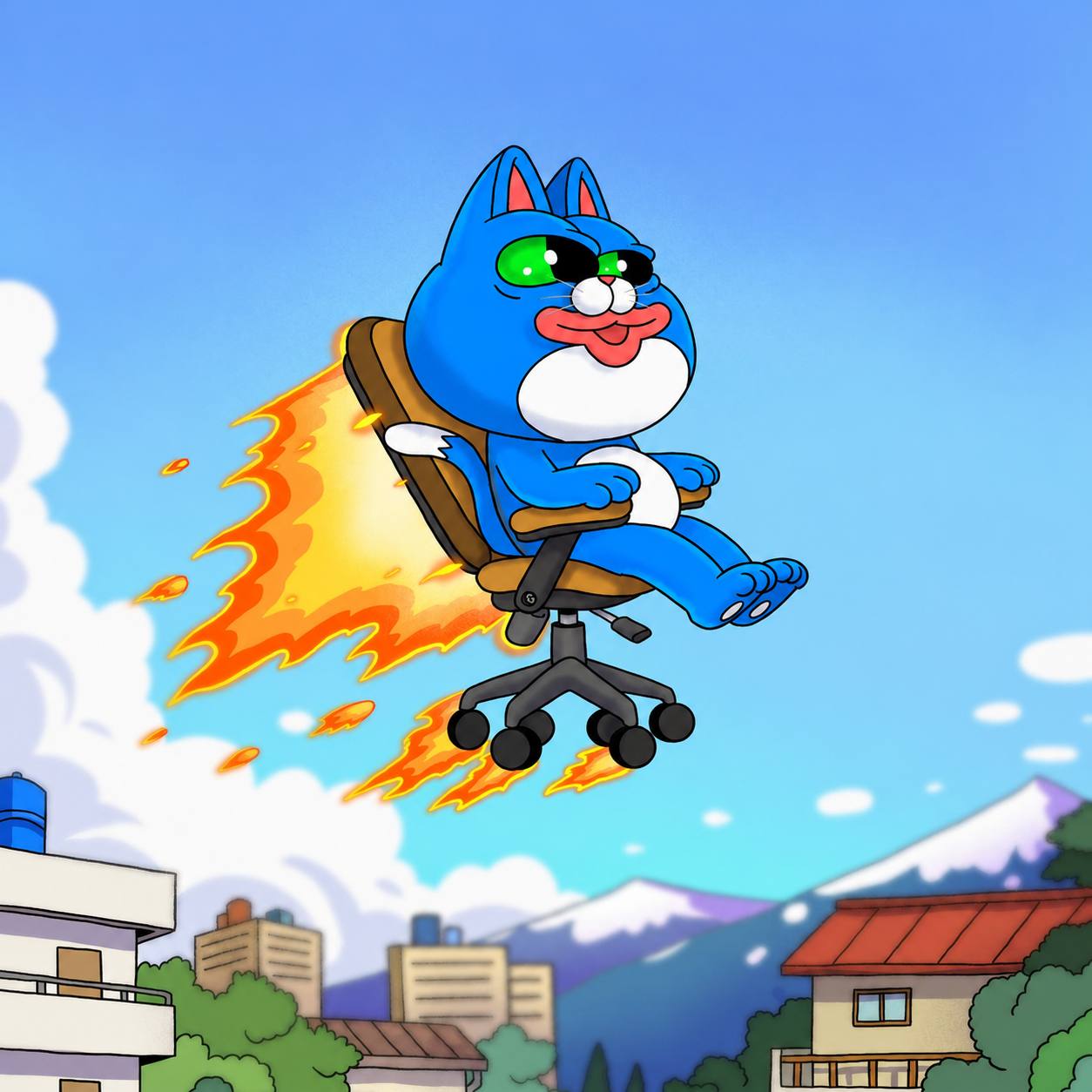 CHONK flying above the city on a rocket-powered office chair