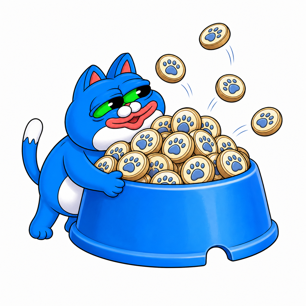 CHONK hugging an oversized blue bowl overflowing with token treats